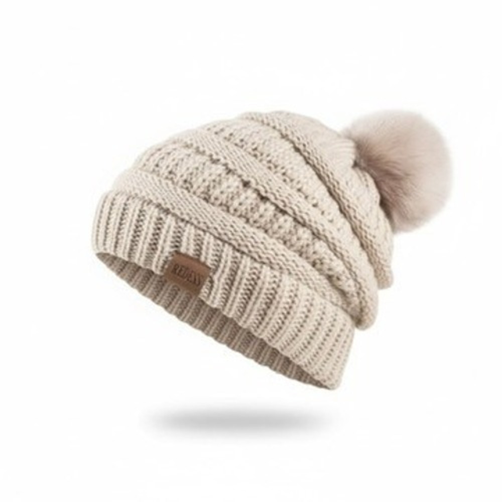 Winter Cozy‎ Warm Pom Pom Ivory Beanie Hat Knit Fleece Lined Slouchy Skiing NWT - Picture 3 of 7